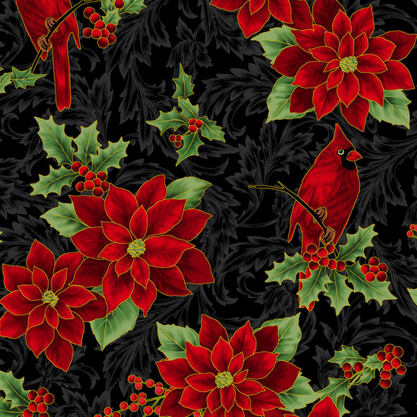 Holiday Wishes Cardinals and Poinsettias in black with metallic gold accents U7767-4G