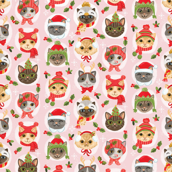 Cozy Holidays Pink Cat Faces in Holiday Hats CD1402-PINK woven cotton fabric