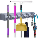 Wall Mounted Mop and Broom Holder, T56, ABS, 5 Slots, 6 Hooks, Grey