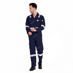 Prime Captain Flame Retardant Coverall With Reflective Tape, F1023, 100% Cotton, 3XL, Navy Blue