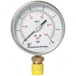 PI Controls Pressure Gauge, PG-100-R7-WF-BR, 100MM, 1/2 Inch, MNPT, 0-7 Bar