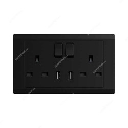 Abb Double Pole Switch Socket With USB, BL262-885, Inora, 2 Gang, 13A, Starry Black