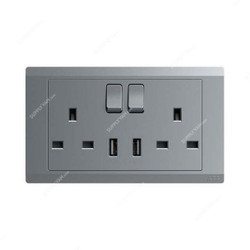 Abb Double Pole Switch Socket With USB, BL262-G, Inora, 2 Gang, 13A, Classic Grey