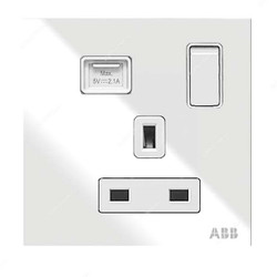 ABB Single Pole Switched Socket With USB Charger, AM23586-WG, Millenium, 1 Gang, 13A, White Glass