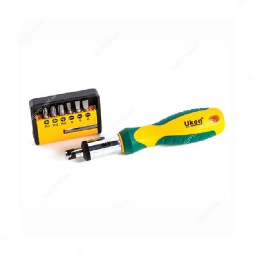 Uken Ratchet Screw Driver Set, U6006, Round, Slotted/Phillips, CrV Steel