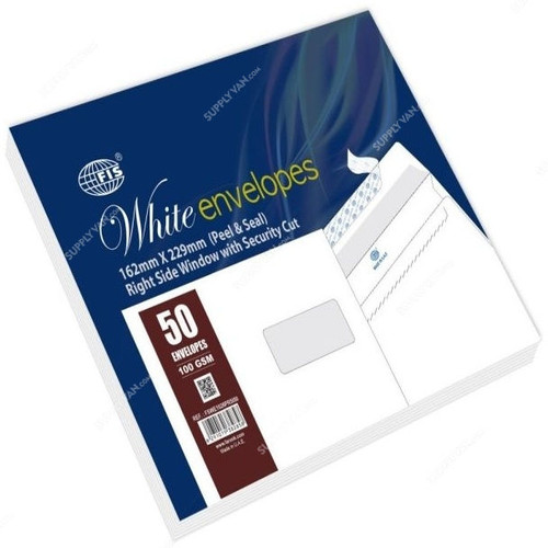 FIS Right Window Peel and Seal Envelope, FSWE1026PRSI50, 162 x 229MM, 100 GSM, White, PK50