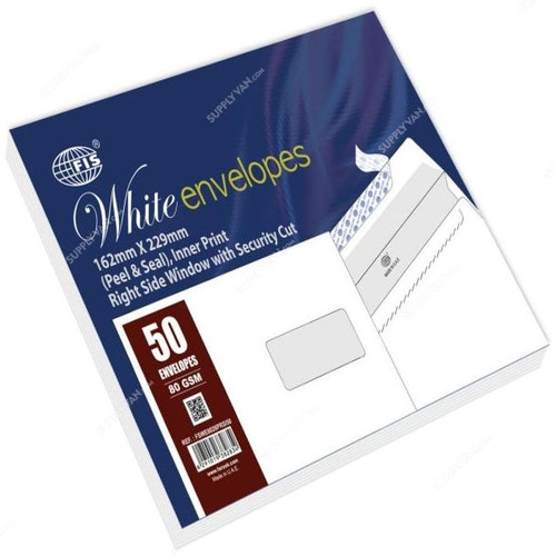 FIS Right Window Peel and Seal Envelope, FSWE8026PRSI50, 162 x 229MM, 80 GSM, White, PK50