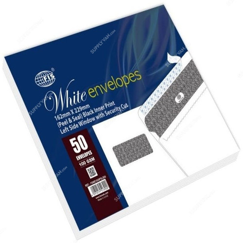 FIS Left Window Peel and Seal Envelope, FSWE1026PSLB50, 162 x 229MM, 100 GSM, Black and White, PK50