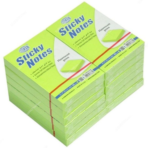 FIS Sticky Notes Set, FSPO32FGR, 100 Sheets, 3 x 2 Inch, Fluorescent Green, PK12