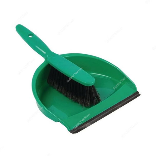 Intercare Dustpan With Brush and Rubber Edge, Plastic, Green