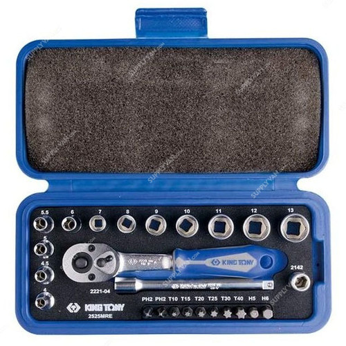 Kingtony Socket Wrench Set, 2525MRE, 1/4 Inch Drive, 25 Pcs/Set