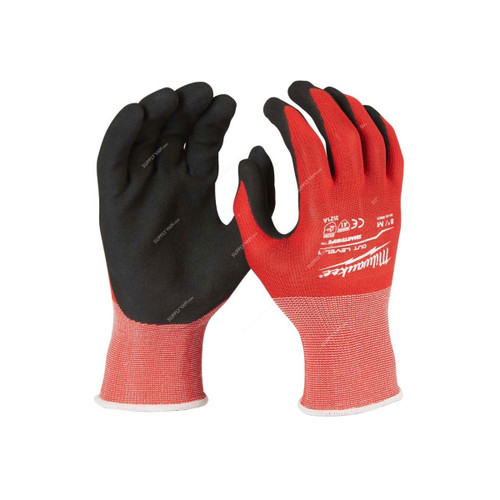 Milwaukee Dipped Gloves, 4932471416, Cut Level 1, M, Red