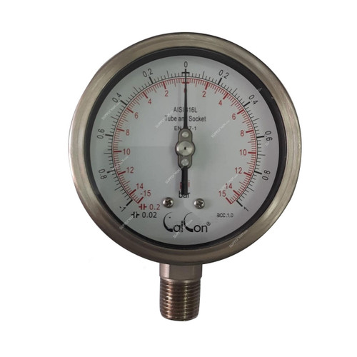 Calcon Pressure Gauge With 1/4 Inch NPTM Adapter, 0 to 25 Bar, 1/2 Inch Bottom Connection