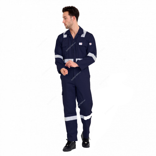 Prime Captain Flame Retardant Coverall With Reflective Tape, F1023, 100% Cotton, S, Navy Blue