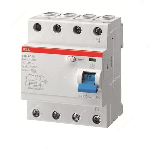 Abb Residual Current Circuit Breaker, F204-100A-0-10-4P, 4P, 100mA, 100A