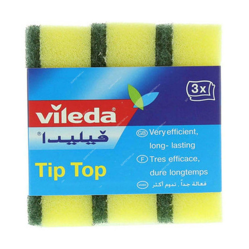 Vileda Tip Top Med Foam Dish Washing Sponge with Scourer, Yellow/Green 3 Pcs/Set