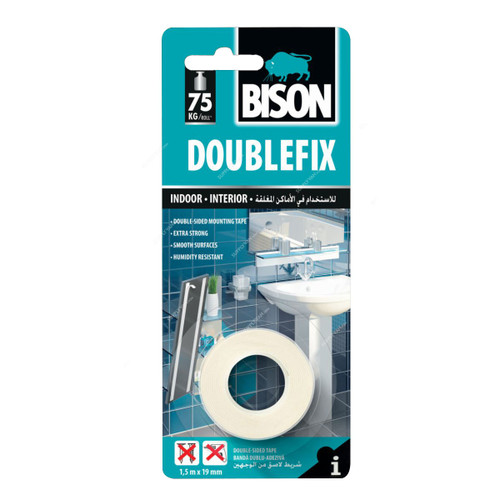 Bison Double Sided Indoor Mounting Tape, 71188, Doublefix, 1.5 Mtrs x 19MM, White