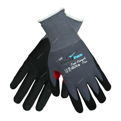 Vaultex Nitrile Foam Coated Gloves With Thumb Crotch, CAB, Nylon, L, Black/Grey
