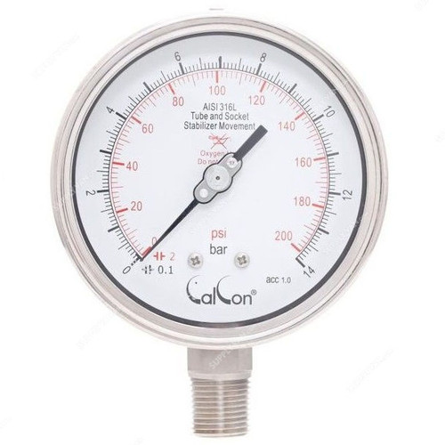 Calcon Oxygen Pressure Gauge, CC1851A, 100MM, 1/2 Inch, NPT, 0-200 Psi