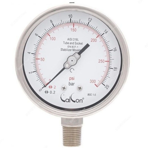 Calcon Pressure Gauge, CC18A, 100MM, 1/2 Inch, NPT, 0-20 Bar