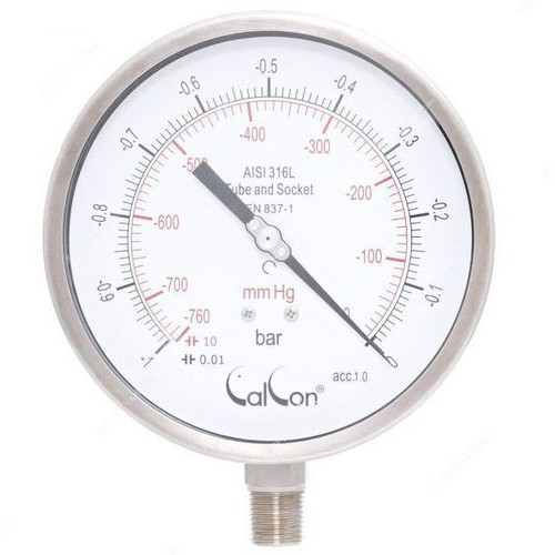 Calcon Pressure Gauge, CC18A, 160MM, 1/2 Inch, NPT, -1-0 Bar