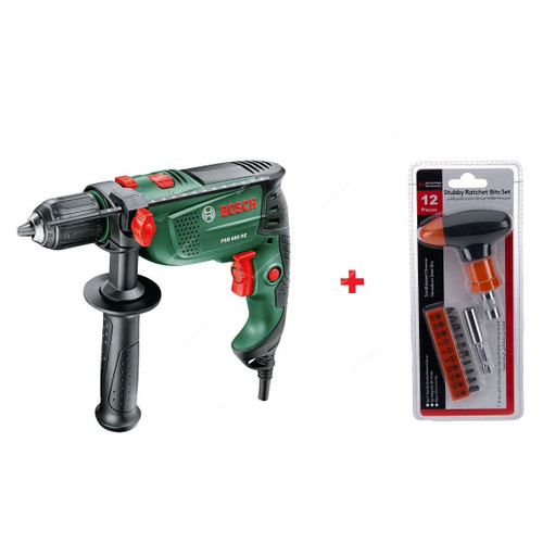 Bosch Impact Drill With 12 Pcs Ratchet Screwdriver Set, psb-680-re, 680W