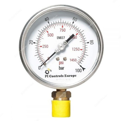 PI Controls Pressure Gauge, PG-100-R100-WF-BR, 100MM, 1/2 Inch, MNPT, 0-100 Bar