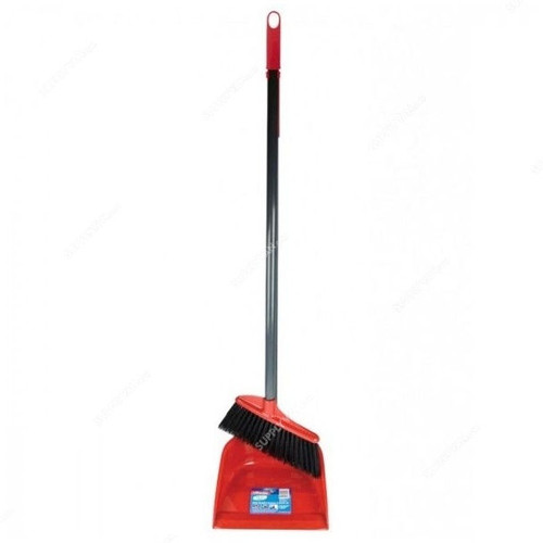 Vileda Long Handle Dustpan W/ Brush, VLFC137416, Red, Metal Handle
