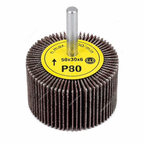 Craftmann Mounted Flap Wheel, Grit P80, 15300 RPM, 6MM Shank Dia x 50MM Dia x 30MM Width