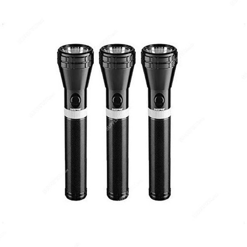 Geepas Rechargeable LED Handheld Flashlight, GFL4681, Aluminium, 2.4V, 1900mAh, 1800 Mtrs, Black, 3 Pcs/Pack