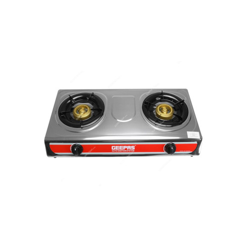 Geepas Gas Cooker, GK5605, Stainless Steel, 2 Burner, Silver/Red