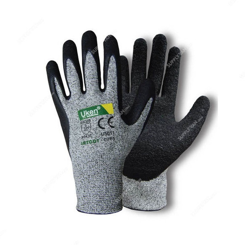 Uken Cut-Resistant Gloves, U5011, Cut 5, Polyethylene, Grey/Black