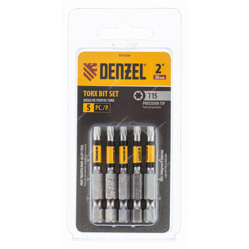 Denzel Torx Screwdriver Bit, 7711319, T15 x 2 Inch, 5 Pcs/Pack