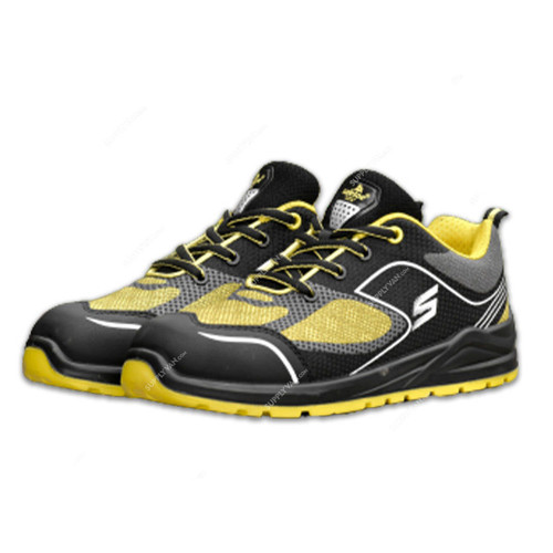 Safetoe Low Ankle Safety Shoes, L-7501, Best Sneaker, S1P SRC, Leather, Size42, Black/Yellow