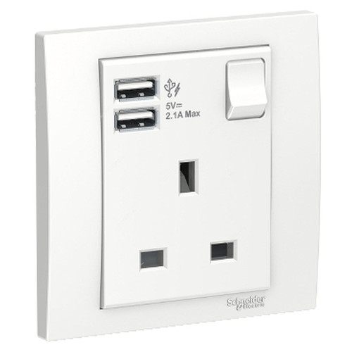 Schneider Electric Single Switched Socket With 2 USB Port, KB15USB-WE, Vivace, 1 Gang, 13A, 220-250V, White