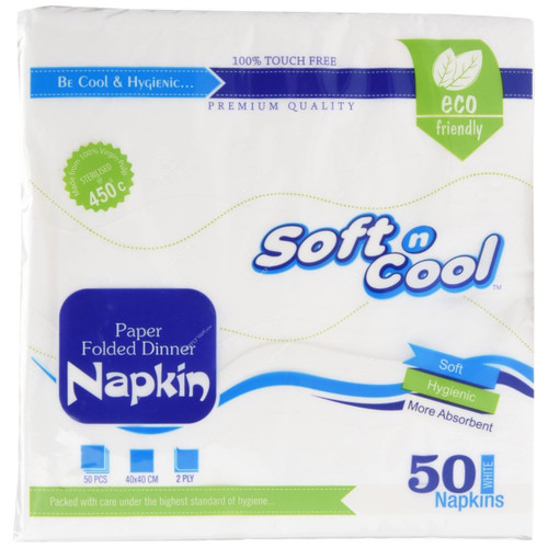 Soft n Cool Paper Folded Dinner Napkin, NAPKIN4040, 40CM Length x 40CM Width, White, 50 Sheets/Pack
