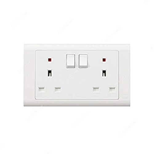 Mk Dual Pole Switch Socket With Neon, MV2647DPWHI, Essential, Polycarbonate, 2 Gang, 13A, White