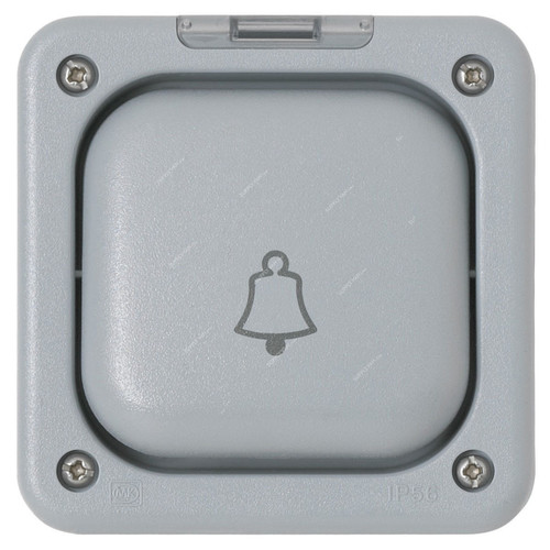 Mk Waterproof Push Button Switch With Neon And Bell Symbol, K56407GRY, Masterseal Plus, Polycarbonate, IP66, 1 Gang, 10A, Grey