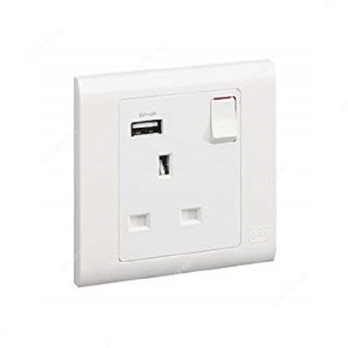 Mk Dual Pole Switch Socket With USB Port and Dual Earth Station, MV24354WHI, Essential, Polycarbonate, 1 Gang, 13A, White