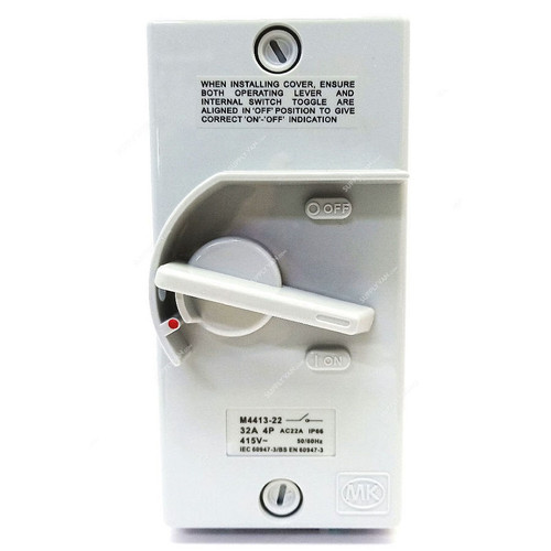Mk Four Pole Waterproof Isolator Switch, M4413-22, 240-415V, IP66, 32A, Grey