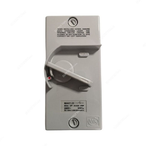 Mk Dual Pole Waterproof Isolator Switch, M4421-22, 240-415V, IP66, 63A, Grey