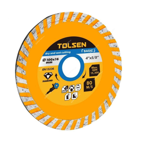 Tolsen Turbo Diamond Cutting Disc, 76763, Dry and Wet, 22.2MM Bore Dia x 125MM Dia