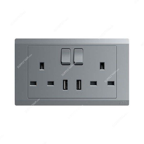 Abb Double Pole Switch Socket With USB, BL262-G, Inora, 2 Gang, 13A, Classic Grey