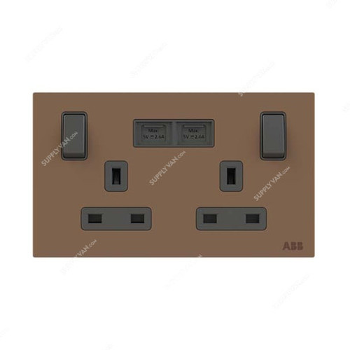 ABB Single Pole Switched Socket With USB Charger, AM235147-MO, Millenium, 2 Gang, 13A, Mocha Brown