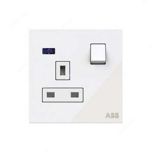ABB Single Pole Switched Socket With LED, AM23486-WG, Millenium, 1 Gang, 13A, White Glass