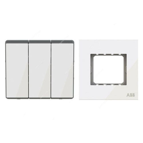 ABB Electrical Switch With Triple Rocker Frame, AMD12153-WG+AMD5153-WG, Millenium, 3 Gang, 2 Way, 16A, White Glass