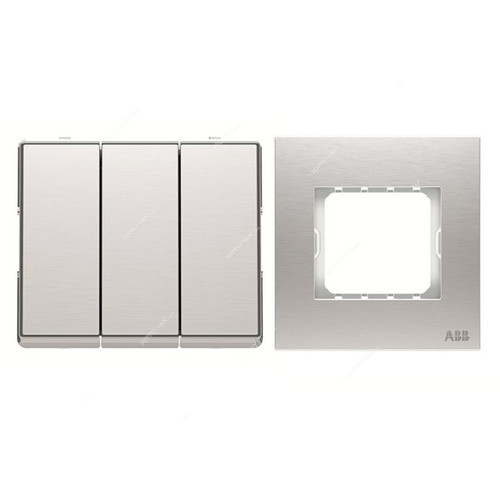 ABB Electrical Switch With Triple Rocker Frame, AMD12153-ST+AMD5153-ST, Millenium, 3 Gang, 2 Way, 16A, Stainless Steel