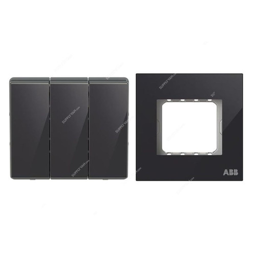 ABB Electrical Switch With Triple Rocker Frame, AMD10753-BG+AMD5153-BG, Millenium, 3 Gang, 2 Way, 10A, Black Glass