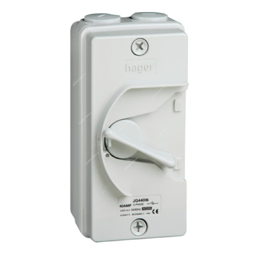 Hager Enclosed Weatherproof Isolator, JG340IN, 3P, IP66, 40A