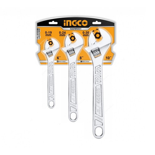 Ingco Adjustable Wrench Set, HADWK031, Drop Forged Carbon Steel, 3 Pcs/Set